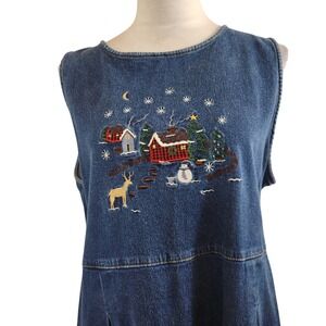 Woolrich Womens Large Denim Pinafore Dress Christmas Scene Embroidery Vintage